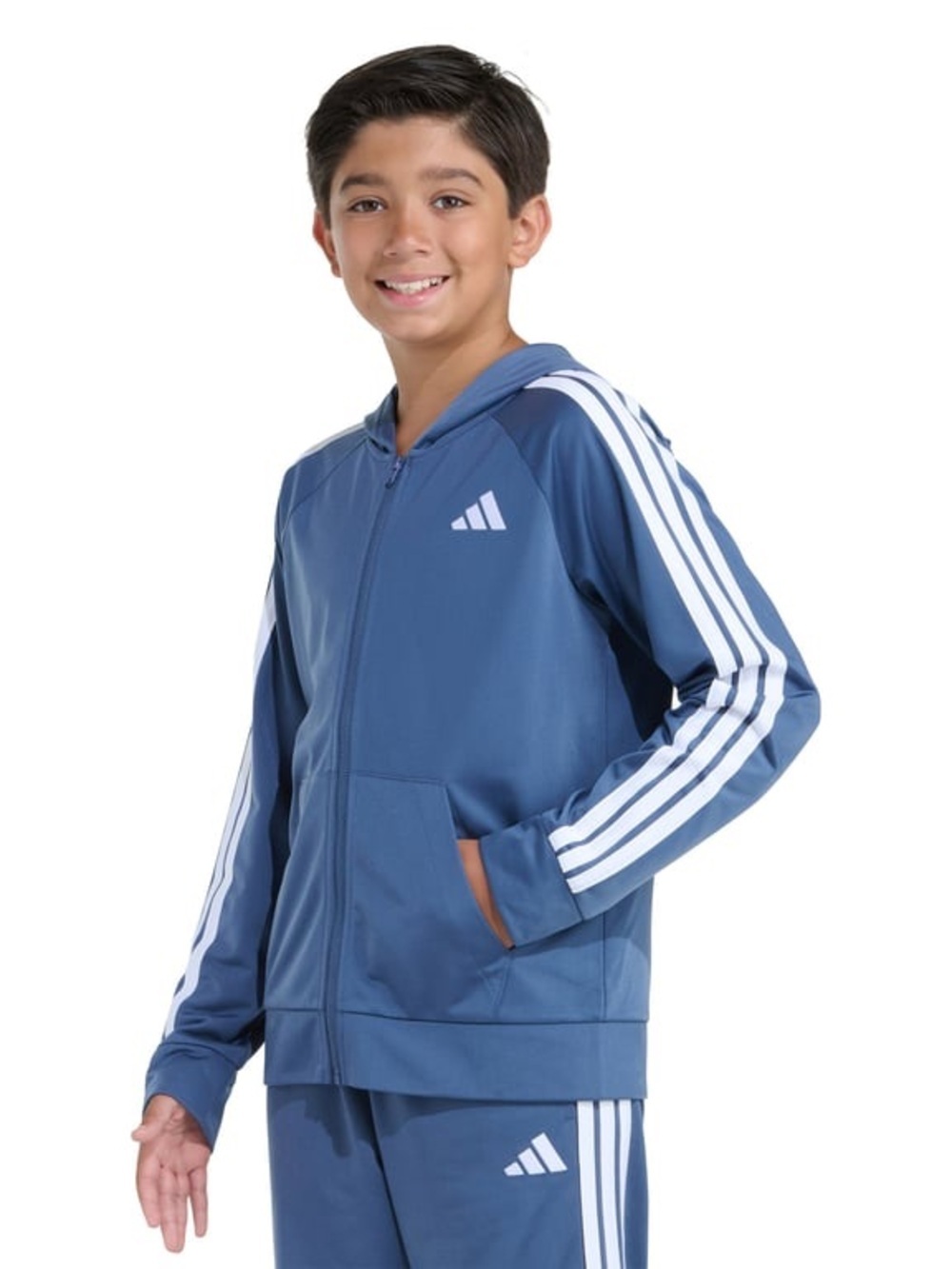 adidas Blue Zip-Up Hooded Track Jacket with White Stripes - Picture 3 of 6